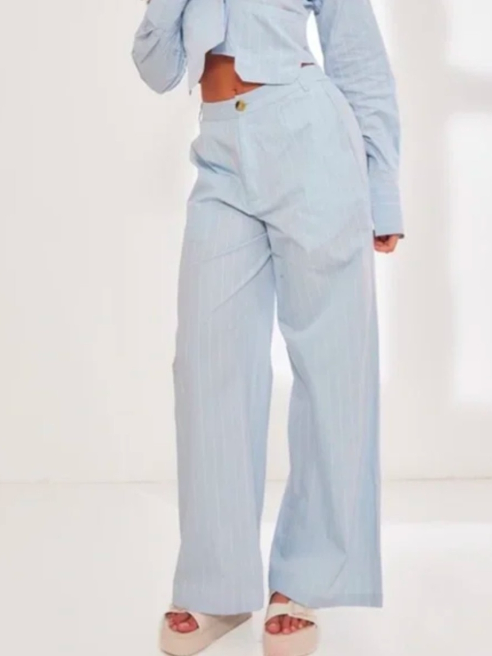 PrettyLittleThing Blue Poplin Pinstripe Tailored Wide Leg Trouser